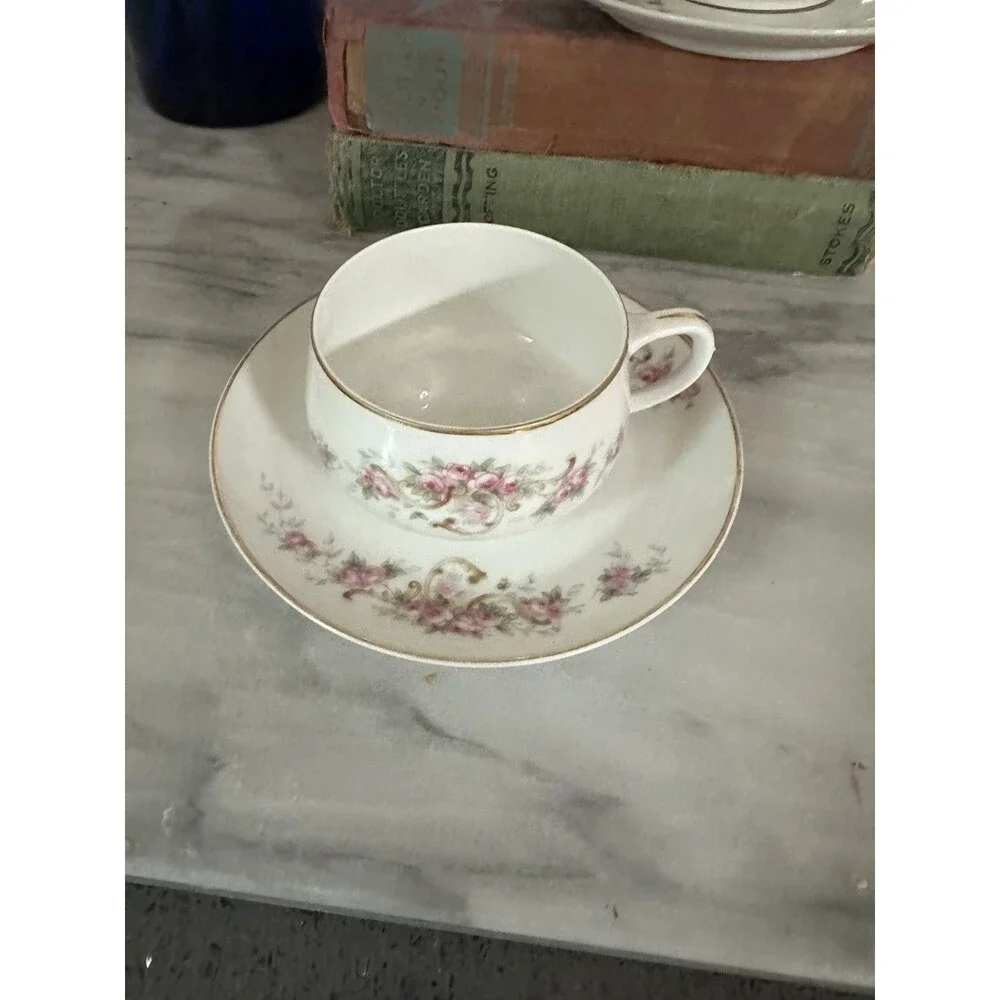 Vintage Selb Paul Mueller Set Of 2 Tea Cups & Saucers Gold Trim Pink Roses